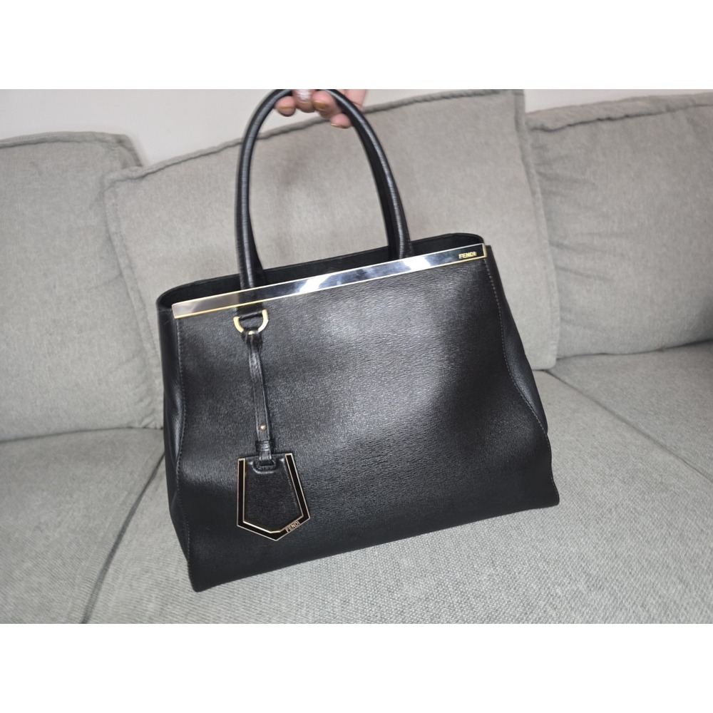 Fendi 2Jours Tote Bag Black Leather Gold Hardware Medium Shoulder Bag
